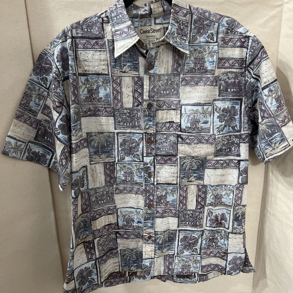 Mens Hawaiian Shirt Medium Cooke Street Short Button Island Aloha Hut‎ Palm Tree